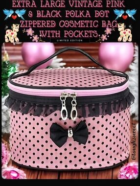 🆕️EXTRA LARGE VINTAGE PINK & BLACK POLKA DOT ZIPPERED COSMETIC BAG WITH POCKETS
